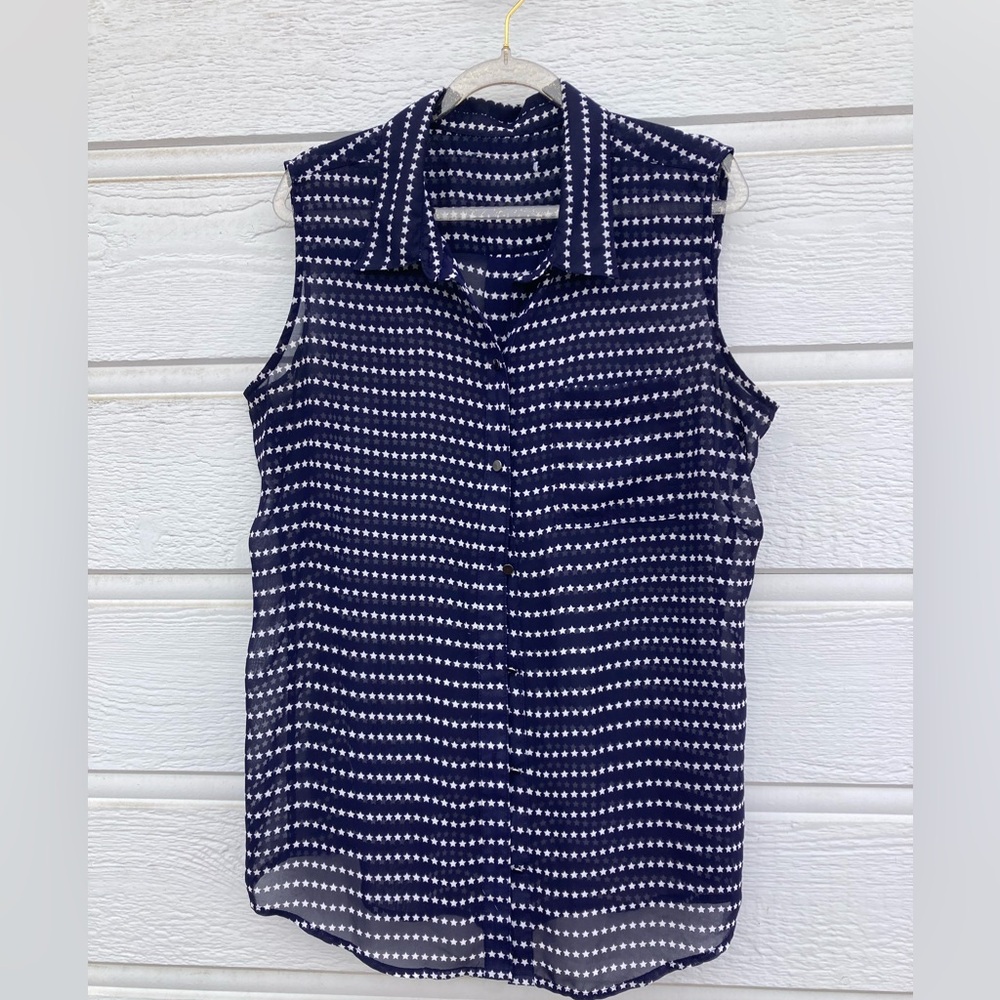Navy Stars and Stripes Sheer sleeveless Tank Top July Fourth Flowy Layer…